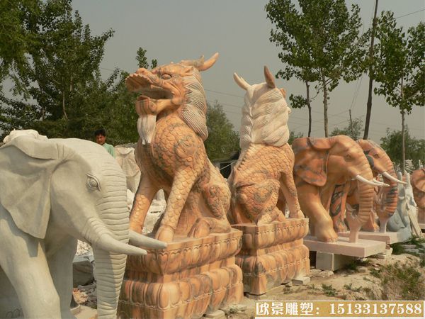 晚霞红石雕麒麟雕塑 动物雕塑麒麟雕塑 