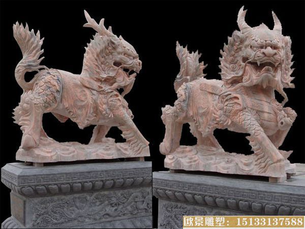 晚霞红石雕麒麟 动物景观麒麟石雕 石雕麒麟图片